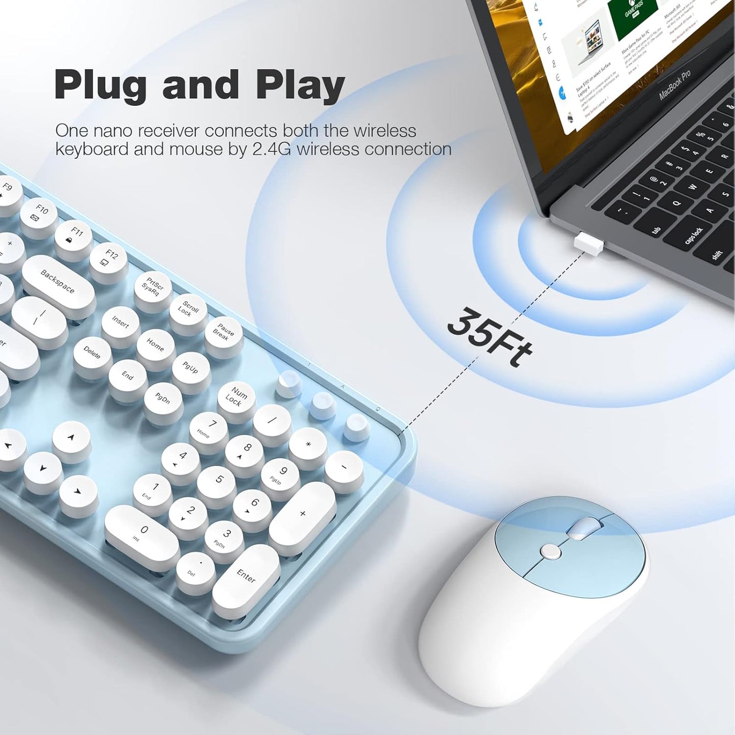 Wireless Keyboard and Mouse, Typewriter Full Size Keyboard with Number Pad and 2 in 1 USB Connected Mouse for Mac, Windows 7/8/10, Laptop, Desktop, PC, Computer (Blue-White)