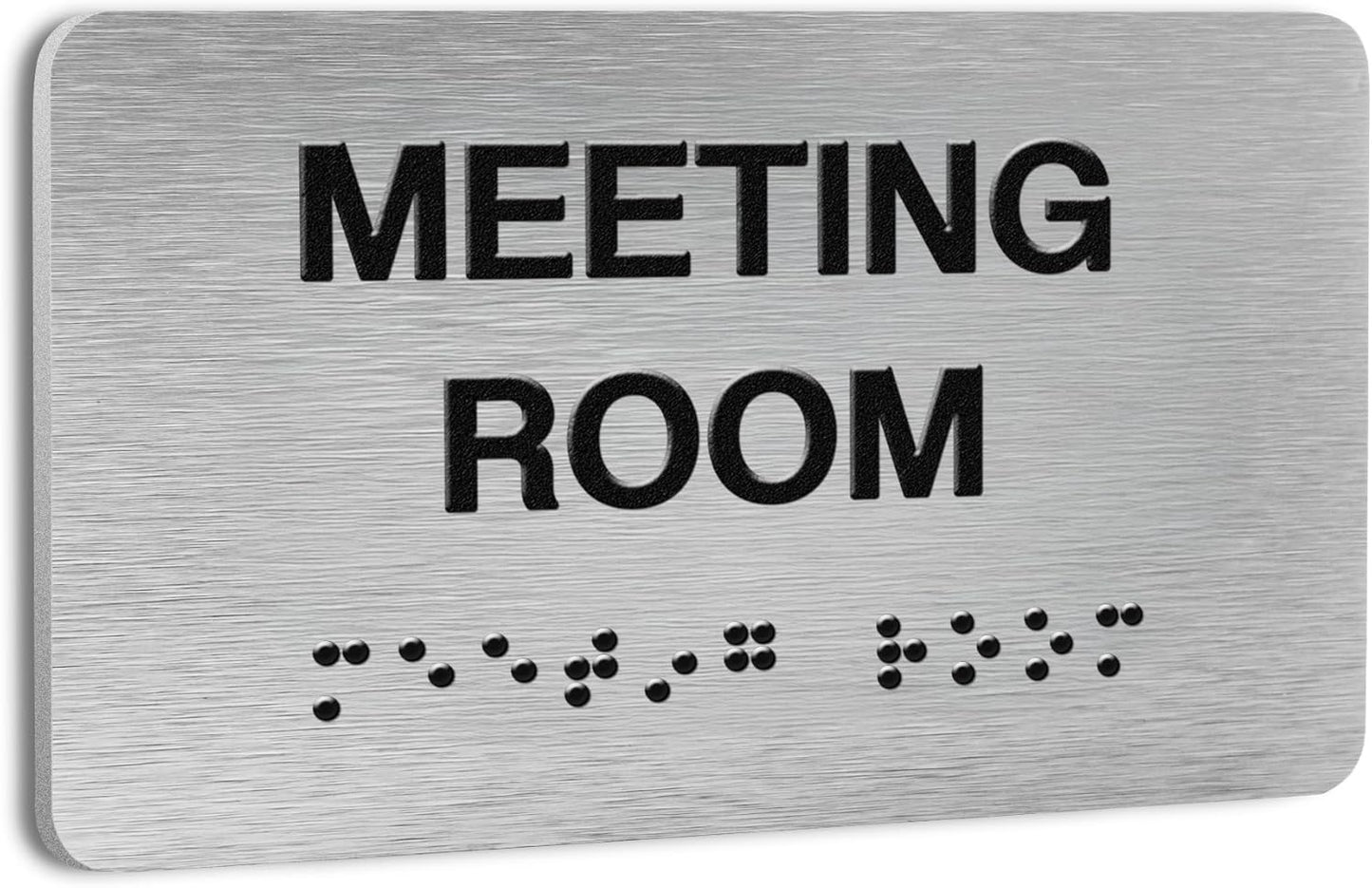 Meeting Room Signs for Business and Office Sign, ADA Signs with Raised Text & Grade 2 Braille, Easy Installation with Adhesive Pad – Brushed Aluminum/Silver