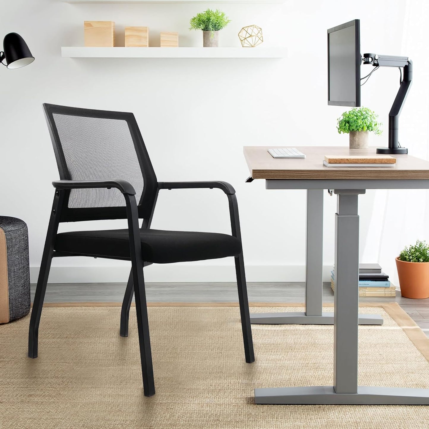 Desk Chair No Wheels, Arm Chair with Ergonomic Lumbar Support and Thickened Seats Cushion, Waiting Room Chairs for Office School Church Guest Reception, 2 Pack Black