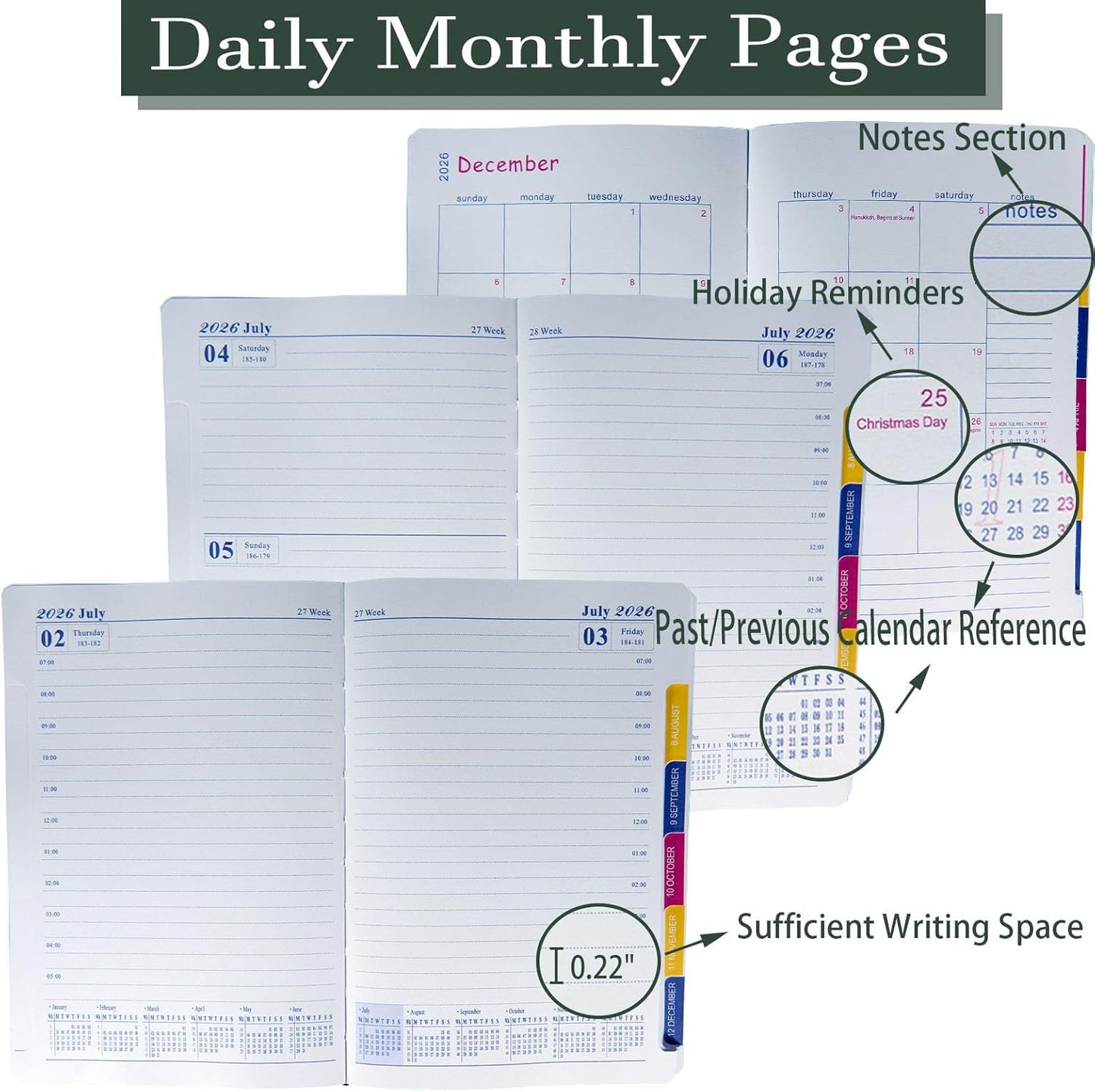 2026 Daily Monthly Planner - Calendar, January - December 2026, 100GSM Thick Paper, Leather Cover, Planner with Hourly Schedule,6.1" x 8.2", Daily Inside Page - Monthly Inside Page, Pen Holder, Bookmarks (Matcha Green)