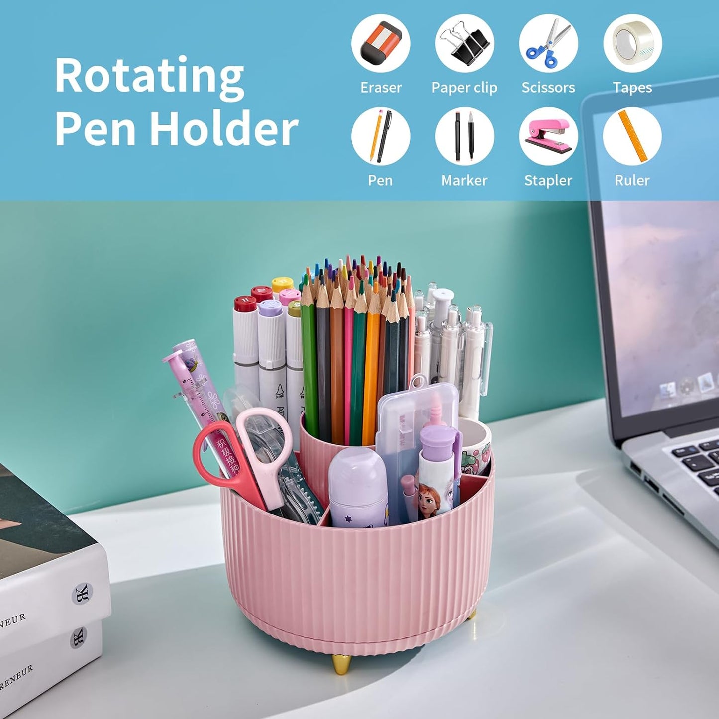 Marbrasse Desk Organizer, 360-Degree Rotating Pen Holder, Desk Organizers and Accessories with 5 Compartments Pencil Organizer, Art Supply Storage Box Caddy for Office, Home(Pink)