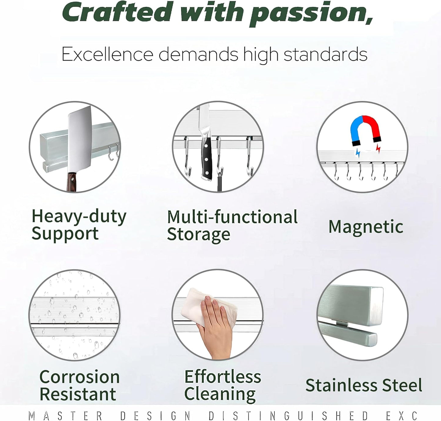 YIIYIIN 12 Inch Magnetic Knife Holder for Wall No Drill,Adhesive Knife Magnetic Strip with 6 Hooks,Kitchen Double Rods Stainless Steel Magnetic Utensil Holder(Silver)