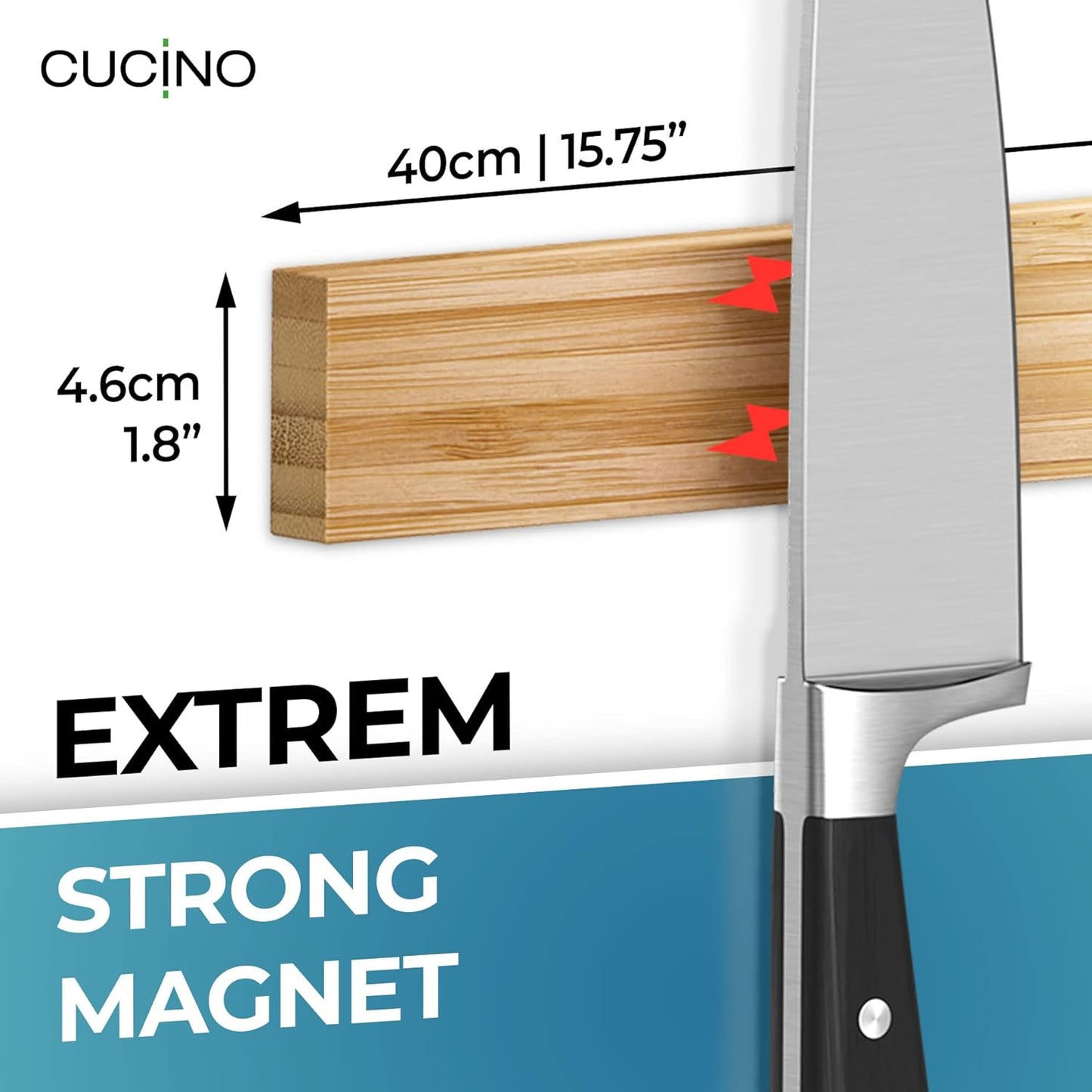 CUCINO Magnetic Knife Holder for Wall 16" No Drilling incl. Self Adhesive Tape - Extra strong Knife Holder - Awarded Knife Magnetic Strip - Made of Bamboo