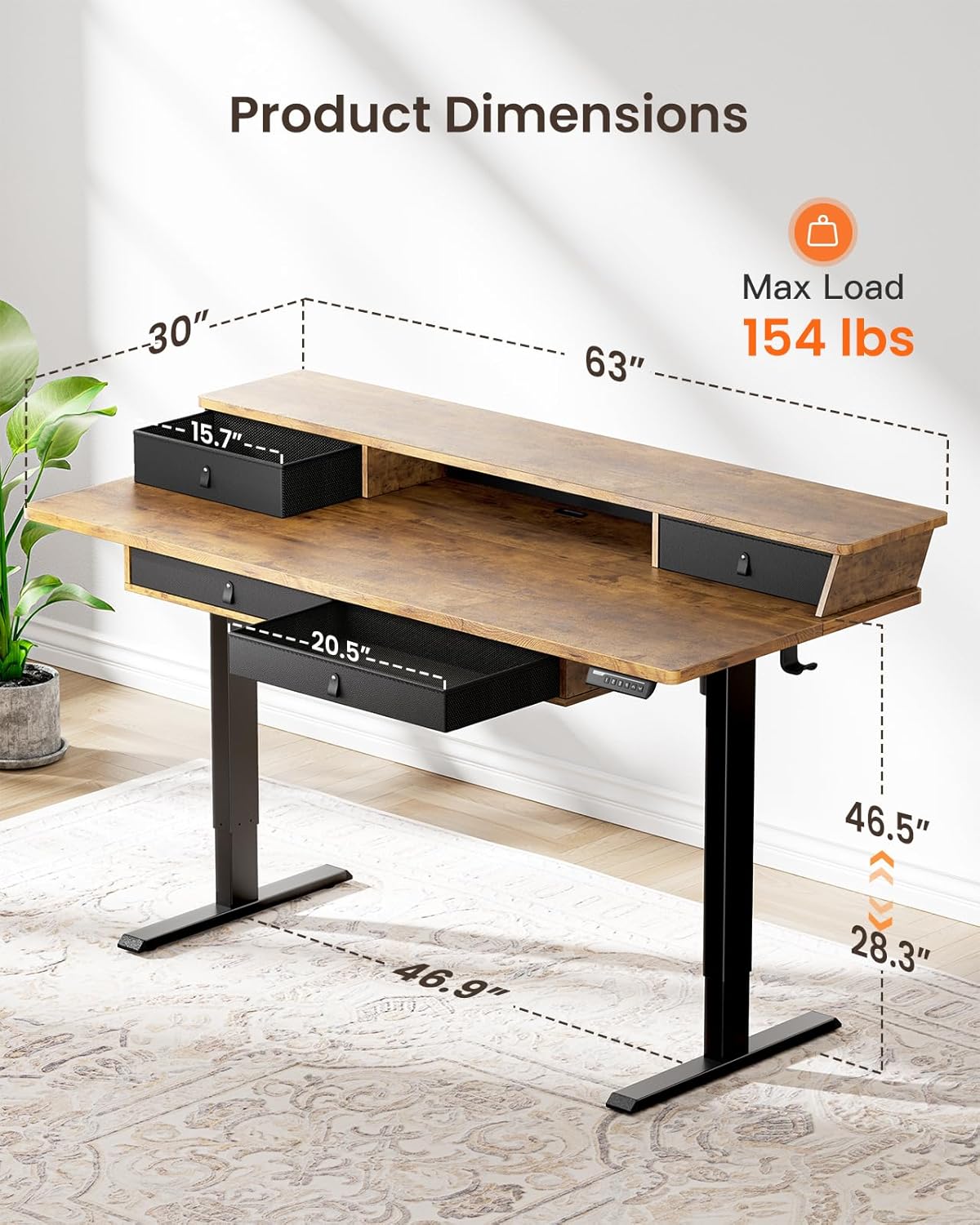 ErGear Electric Standing Desk with 4 Drawers, 63" x 30" Height Adjustable Desk with Storage, C-Clamp Mount Compatible, Computer Home Office Table with Cable Management Tray, Vintage Brown