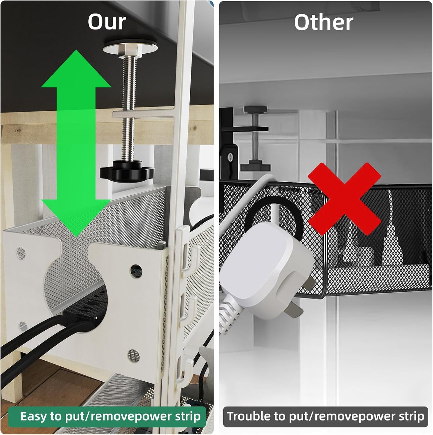 Multi-Model Under Desk Cable Management Tray 2 Packs Metal Under Desk Wire Management Clamp Mount Under Table Cord Management No Damage The Desk (White)