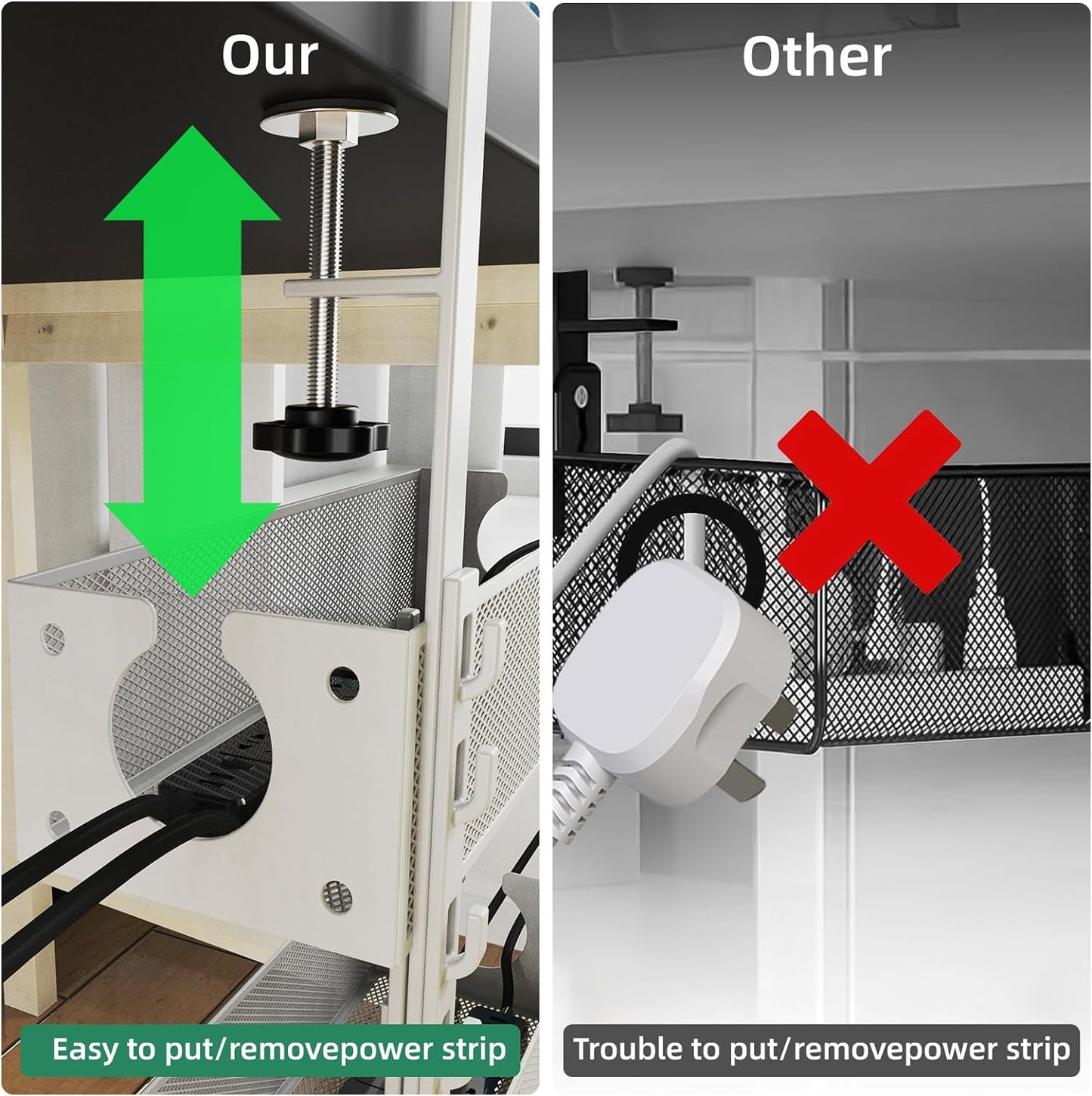 Multi-Model Under Desk Cable Management 2 Pack Metal Under Desk Wire Management Tray Clamp Mount Under Table Cord Management No Damage The Desk White