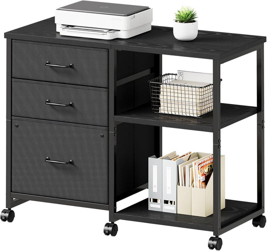 3 Drawer File Cabinet with Wheels Rolling Printer Stand with Open Storage Shelf Fabric Lateral Filing Cabinet for Home Office,Black