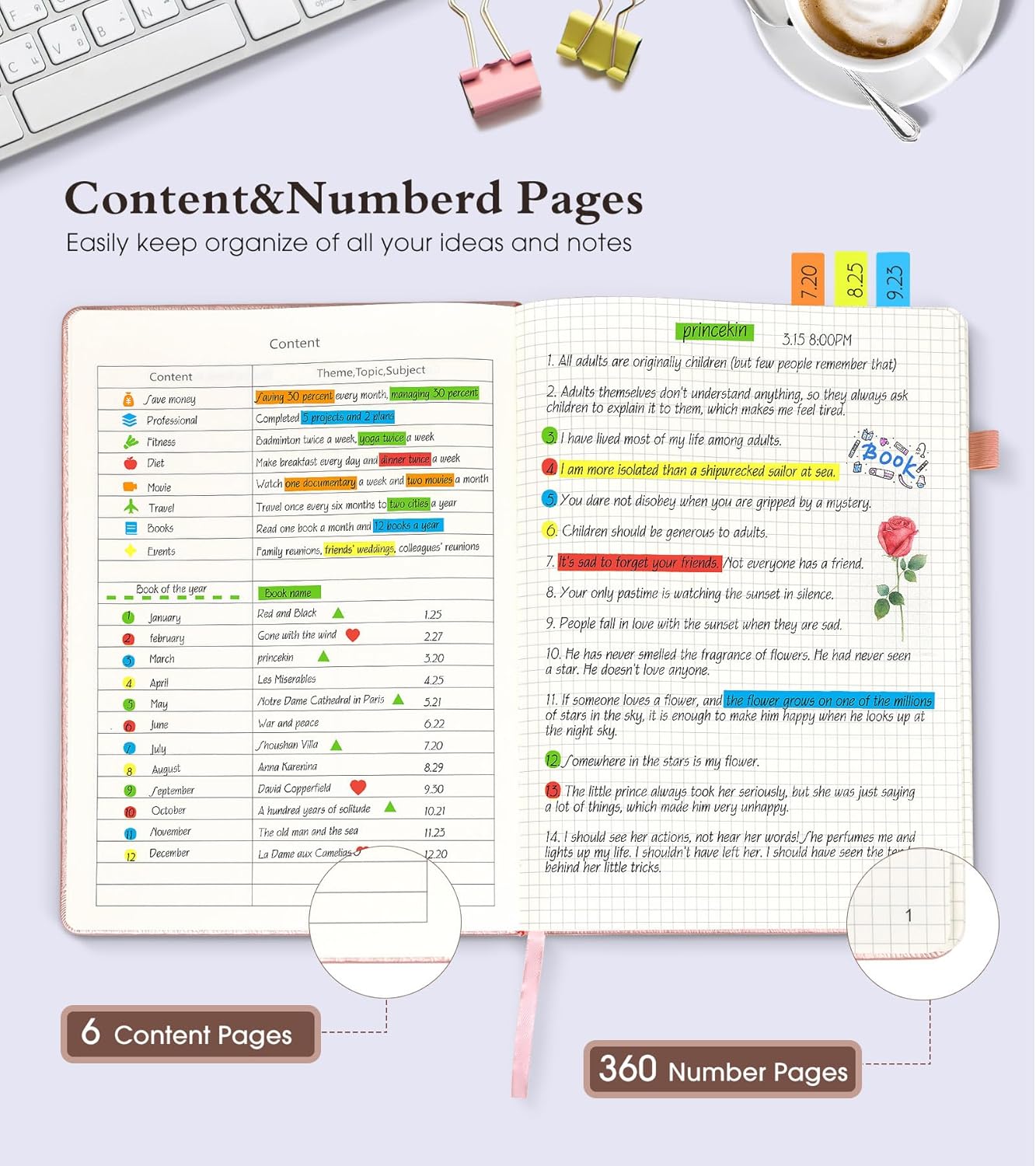 Graph Paper Notebook Journal, 360 Numbered Pages Grid Notebooks 8.5 x 11, Thick 100gsm Paper Graphing Journals for Women Men, A4 Large Hardcover Graph Leather Journals for Writing Pink