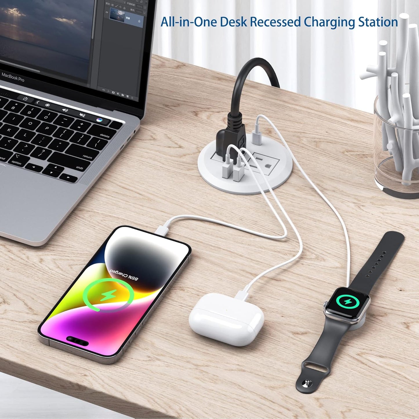 3 inch Desktop Power Grommet USB C,20W Fast Charging Station,Furniture Recessed Power Strip,2 Outlets,3 USB Ports,Flush-Mount for Desktop, Workspace Essential Desk Outlet,2 Pack (White)