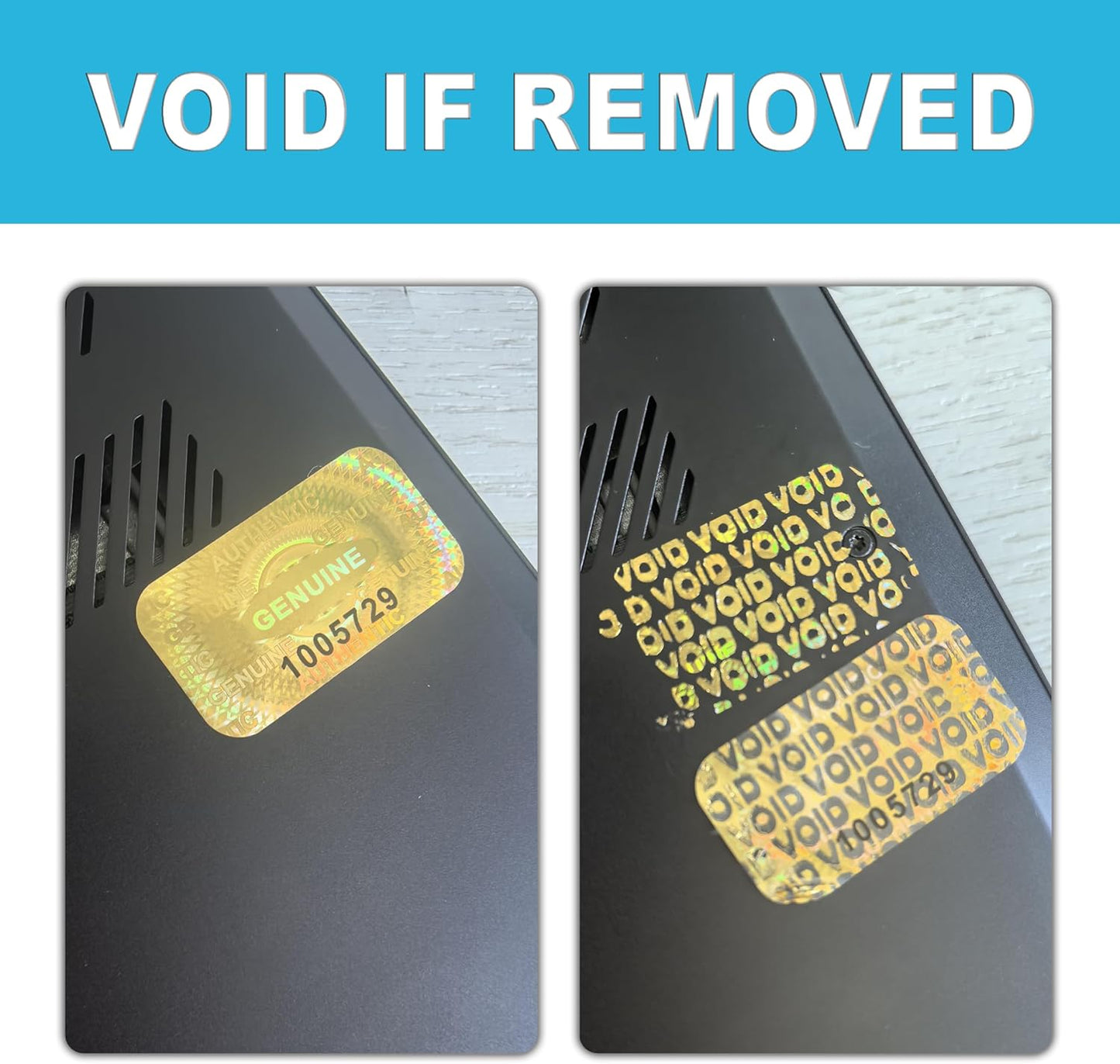 1200 pcs Hologram Tamper Proof Sticker, Security Tamper evident Label, Genuine Authentic Warranty Void Seal Labels with Unique Serial Number (1.2X0.68 inch,Glod)