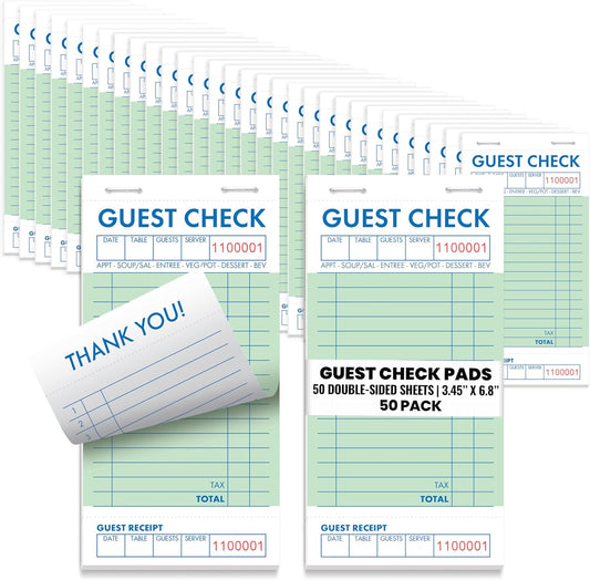 Guest Check Pads, Waitress Notepad for Restaurants, Server Pads, 50 Double-Sided Perforated Sheets, 2500 Total Sheets, 6.8" x 3.4", by Better Office Products (50 Pack)
