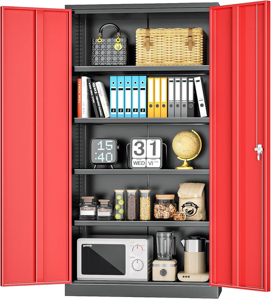 INTERGREAT Garage Storage Cabinet with Lockable Door, 72" H Metal Locking Cabinets with 4 Adjustable Shelves,Black Red Steel Cabinets Storage for Home Office, Warehouse，School