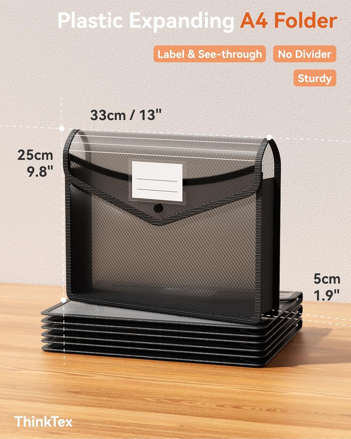 ThinkTex Plastic Expanding File Folder, Transparent envelopes with Snap Closure, No Dividers, Large Capacity, Fit Letter/A4 Size - 5 Packs