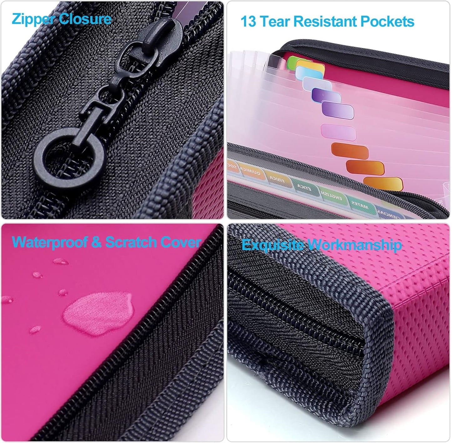 MEGREZ Expanding File Folder with 13 Pockets, 2 Pack A4 Paper File Folder with Zipper Color Labels, Waterproof Accordion File Folder Organizer for Home Office, Pink & Black