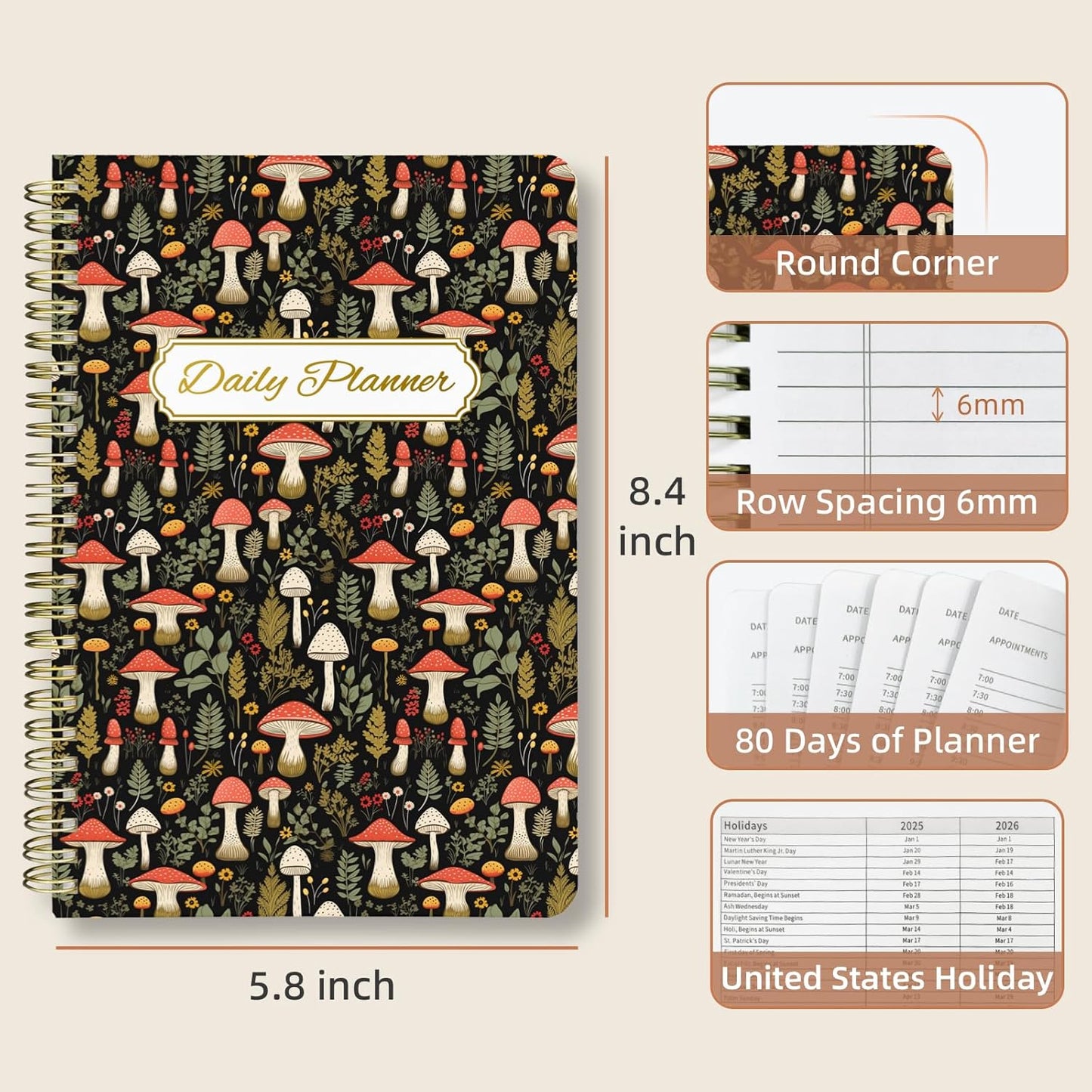 Undated Daily Planner - Spiral Notebook 80 Days One Day Per Page, Hourly Schedule, To-Do List, Notes, Everyday Planning Task, A5 Hardcover Journal Organizer Book Women Cute Aesthetic, Mushroom