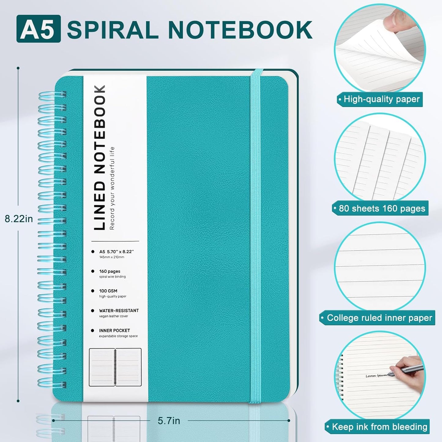 Lined Spiral Journal Notebook, A5 Hardcover Leather Notebook for Work, 5.7''×8.2'', 100GSM Thick Paper Spiral Bound Journaling Notebooks for Women & Men Office School Note Taking Business, Lake Blue