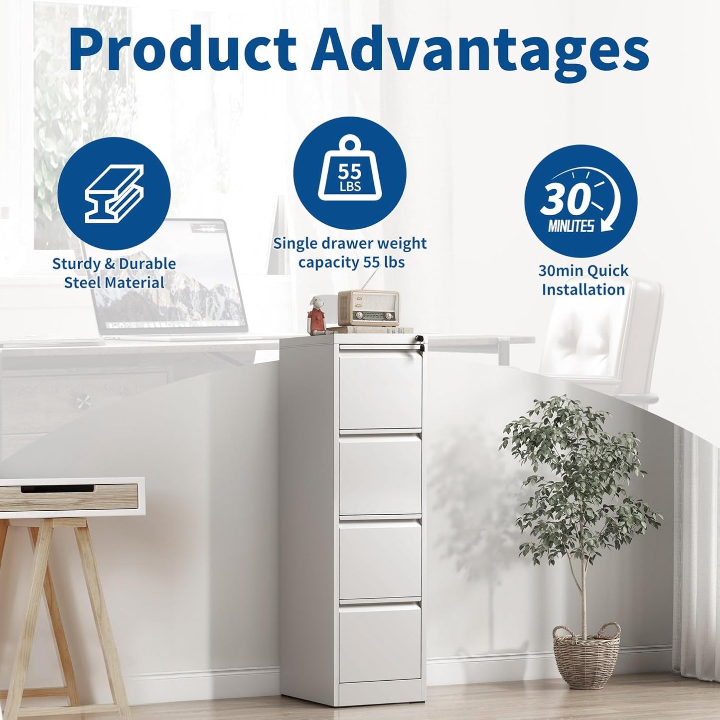 4-Drawer Locking Vertical File Cabinet, Metal Storage Cabinet for Office/Home – Secure Vertical Filing for Letter/Legal/A4/F4 Documents, Easy to Assemble Steel Cabinet (White, 4 Drawer-52 H)