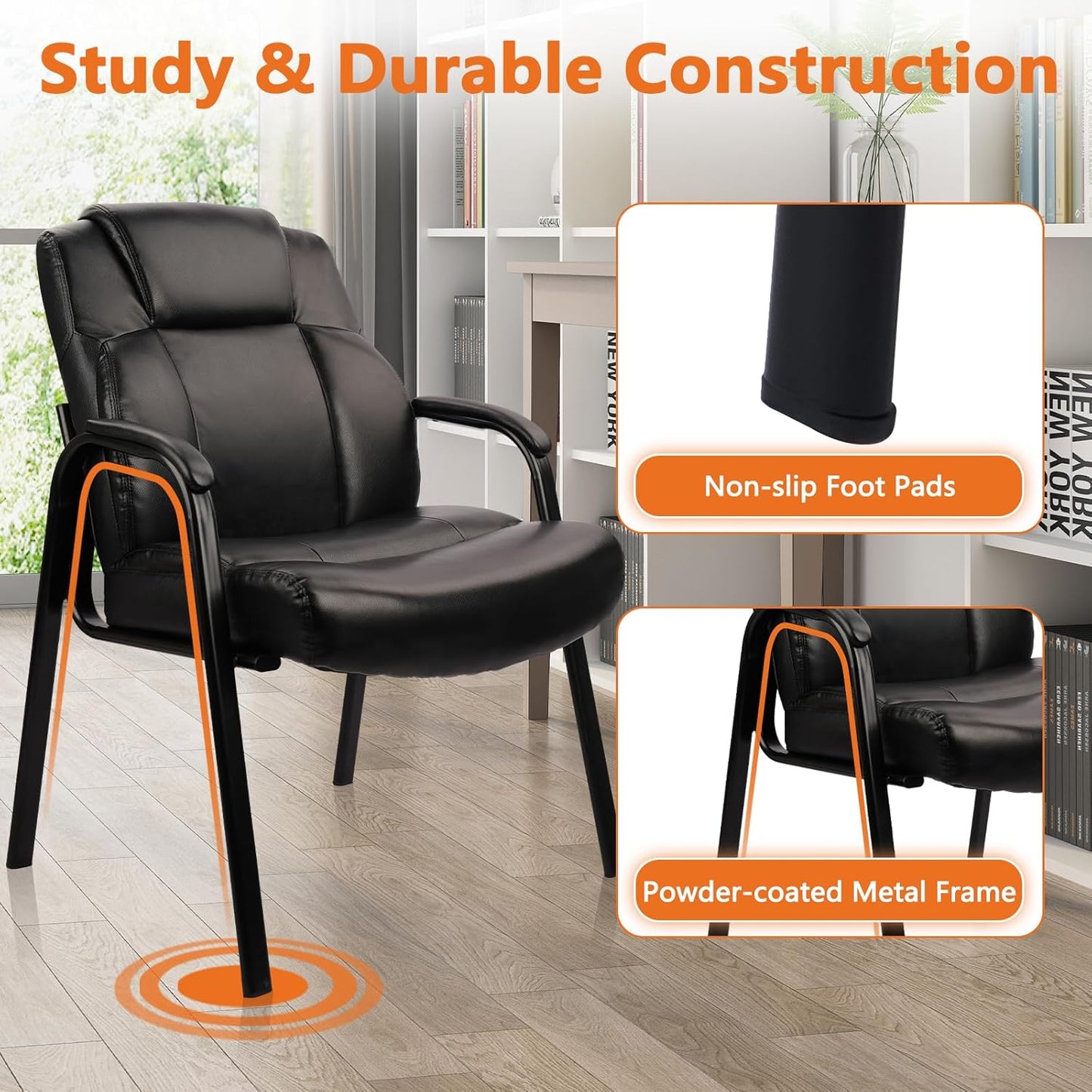 CLATINA Big & Tall 500 lb. Guest Chair, Leather Reception Chairs with Padded Arm Rest for Waiting Room Office Home and Meeting Conference-Black