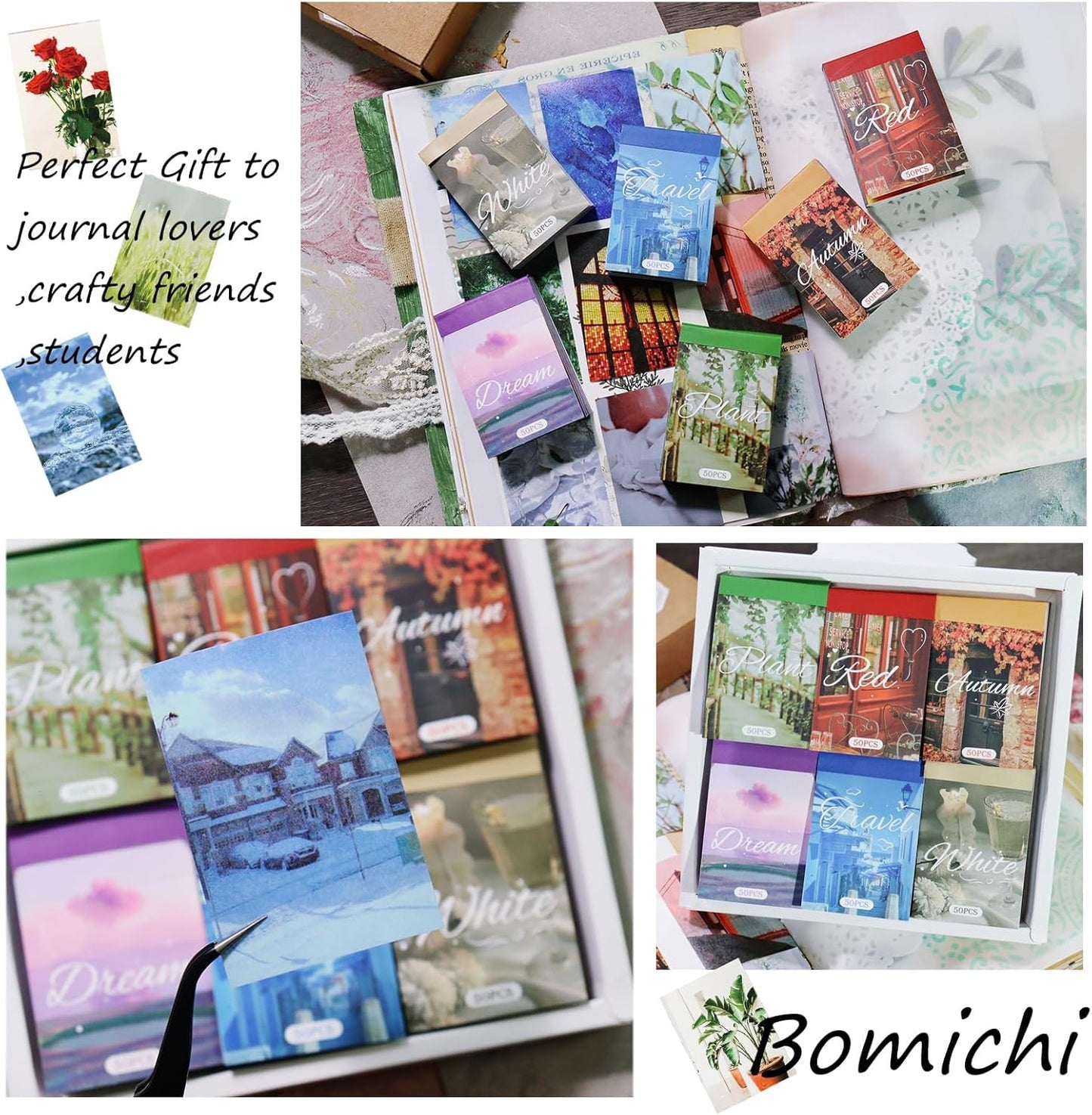 Washi Stickers, 6 Sets 300 Pcs Aesthetic Sticker Book for DIY Journaling, Journaling Supplies for Bullet Journal Art Diary Card Craft Gifts Planner Notebook.