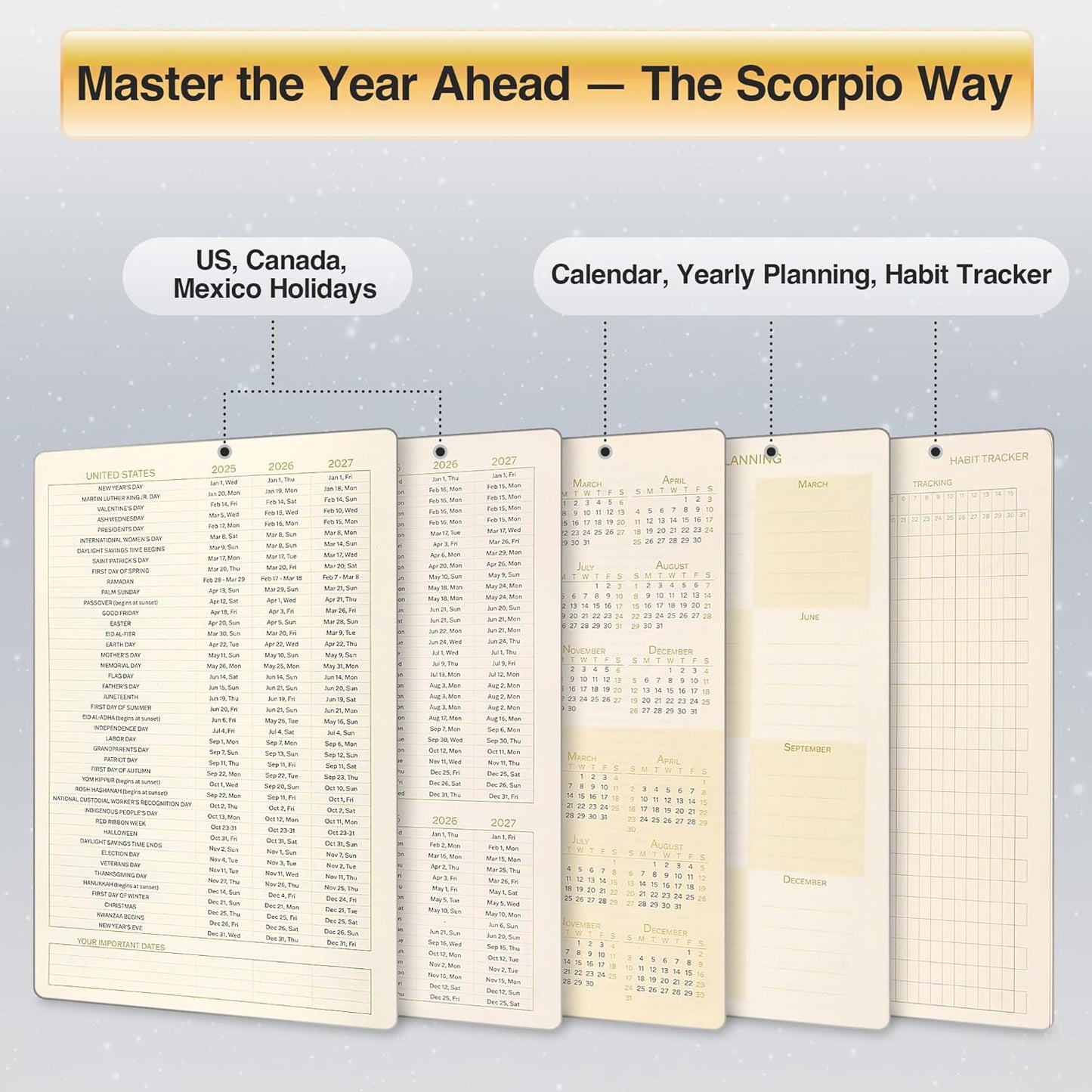 Scorpio Zodiac Astrology Undated Monthly Weekly Daily Planner Journal Notebook Hardcover A5 5.7" x 8.3" 160 Pages 100GSM Paper 2025 2026 2027 Holidays Calendar