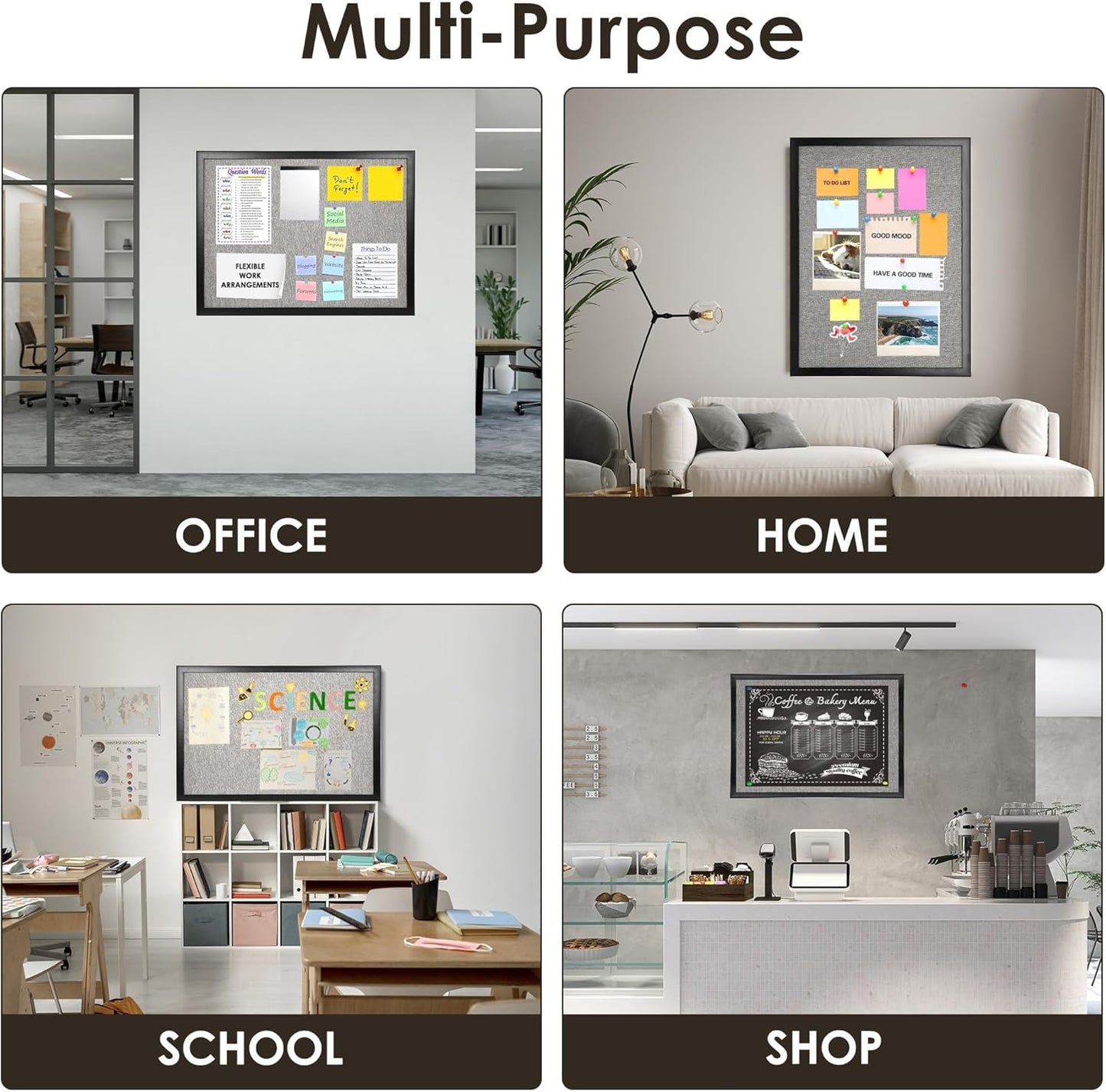 SHANTRA 36 x 24 Inch Bulletin Board with Grey Fabric, Wood Framed Canvas Cork Board, Corkboard for Walls with 10 Pins, Decorative Vision Board, Wall Mounted Notice Board for Home, Office, School