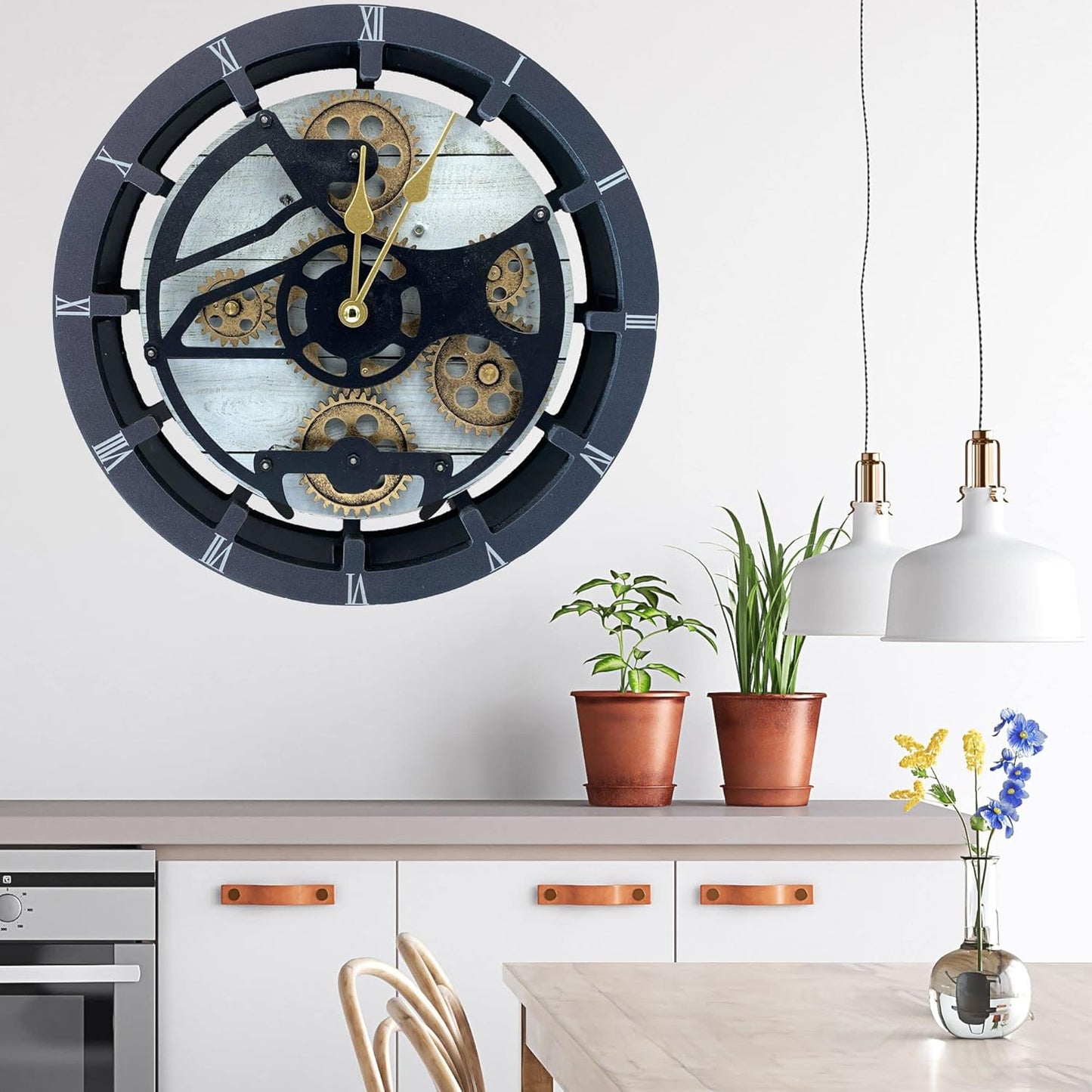 The Gears Clock 16 inches Wall Clock with Real Moving Gears Convertible into a Big Mantel Clock (White Farmhouse)