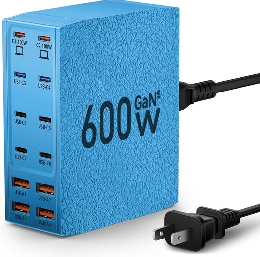 USB Charging Station (600W),12-Port USB C Charger Block with Dual 100W PD USB-C Fast Charging Station Hub for MacBook Pro/Air/All iPad Phone 17/16 15/14/13/Pro Max/Samsung Galaxy Note(Blue)