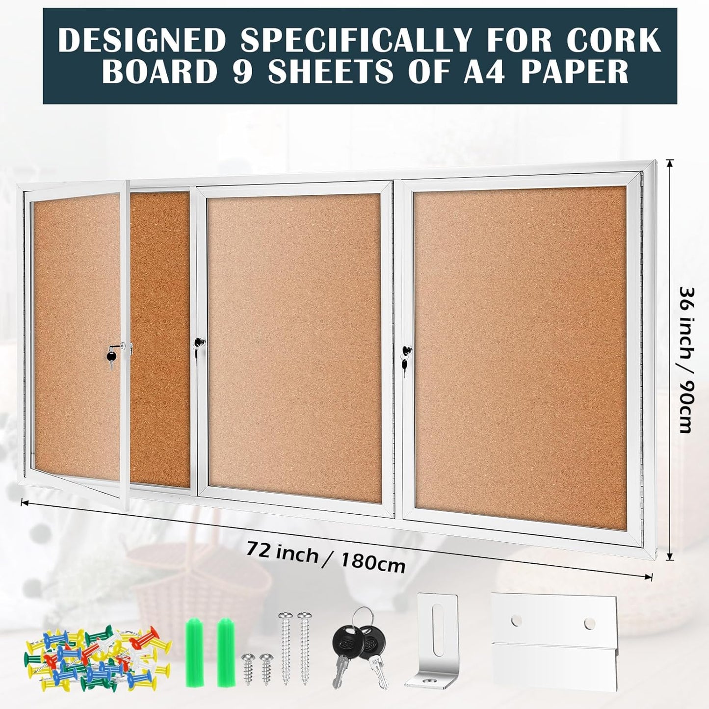 72" x 36" Enclosed Bulletin Board Outdoor 3 Door Weatherproof Tamper-Proof Enclosed Cork Board with Lock Aluminum Frame Display Case for Back to School, Office Commercial, 18xA4(Wood Color)