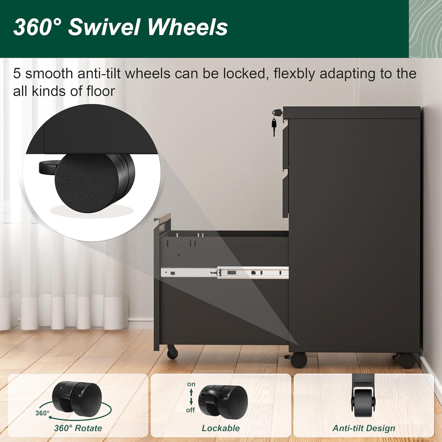 Superday Black File Cabinet 3 Drawer, Fully Assemble Metal Rolling Vertical Filing Cabinet with Wheels, Small Under Desk File Cabinets for Home Office