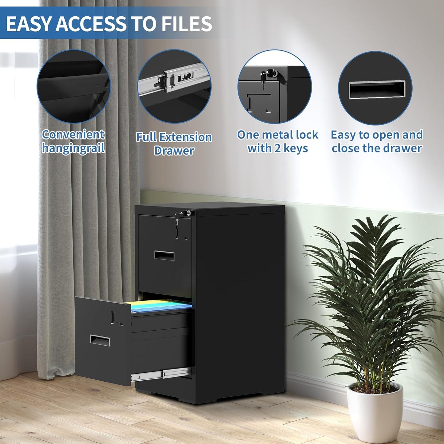 2 Drawer File Cabinet with Lock and Card Slot, Metal Vertical Filing Cabinets for Home Office, Steel Storage Cabinet for Hanging Legal/Letter Size Files, Assembly Required (Black)