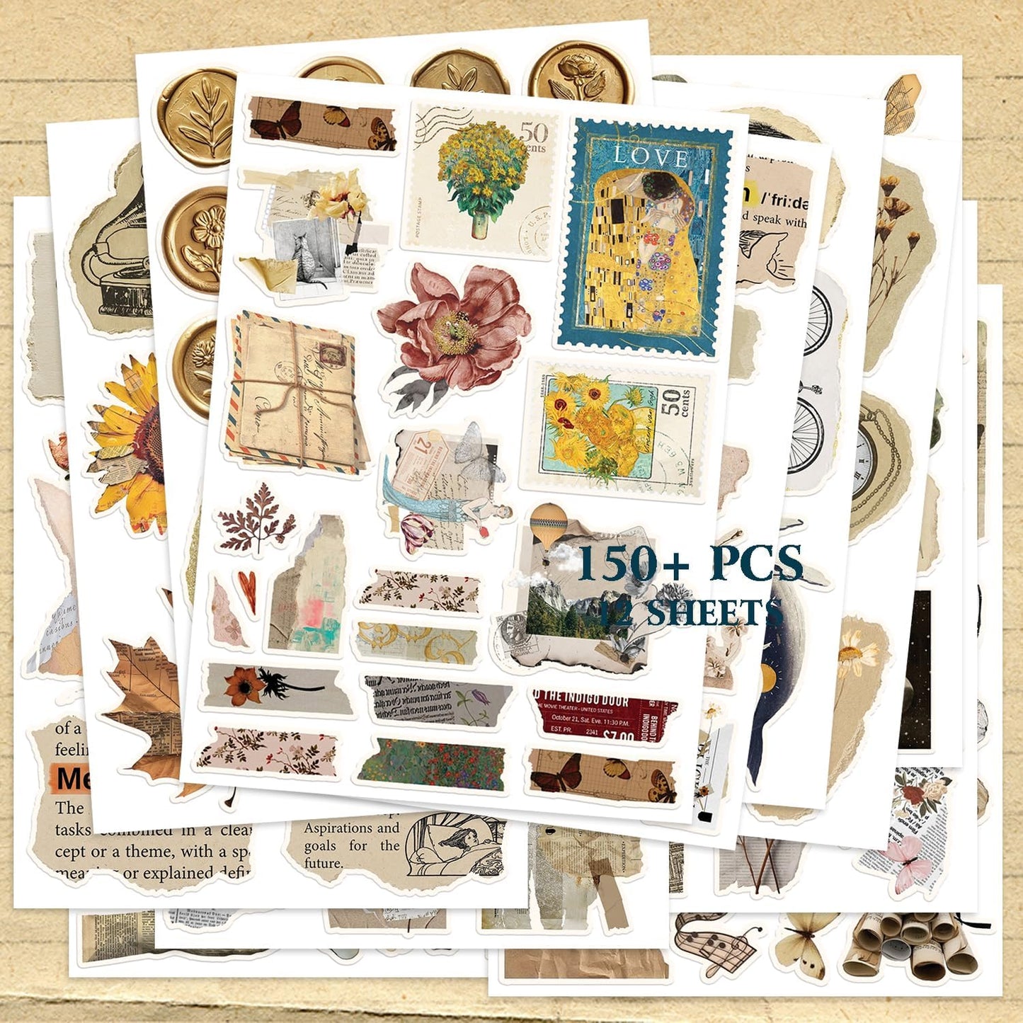 150PCS Vintage Sticker for Scrapbooking, Aesthetic Junk Journal Supplies Kit, Ephemera for Journaling, Planners, Diary, Waterproof DIY Craft Supplies