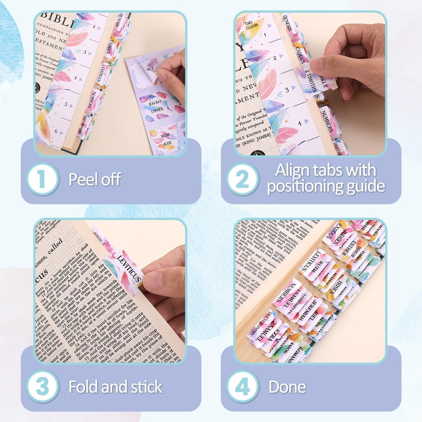 Bible Tabs For Women, 66 Large Print Laminated Bibles Chapters Index Tabs and 39 Blank Dividers Sticky Labels, Cute Beauty Feather Bible Study Supplies, Journaling Accessories, Christian Gifts for Men