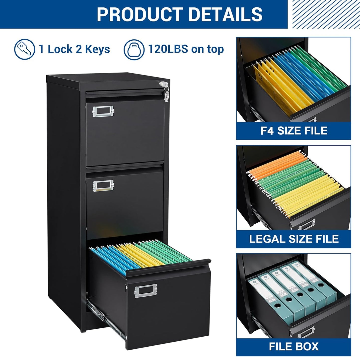 Vertical File Cabinets - 3 Drawers 17.8" Deep Lockable Filing Cabinet - Metal Storage Cabinets for Home Office to Hanging Files Letter/Legal/F4/A4 Size