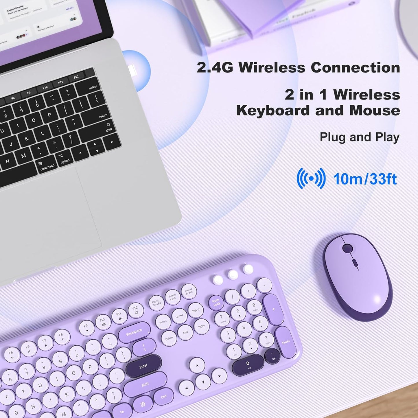 MOFII Wireless Keyboard and Mouse Combo, Cute Keyboard Full Size and Wireless Mouse, 2.4GHz Retro Typewriter Keyboard Wireless Mouse Set for PC/Desktop/Laptop/Windows (Violet)