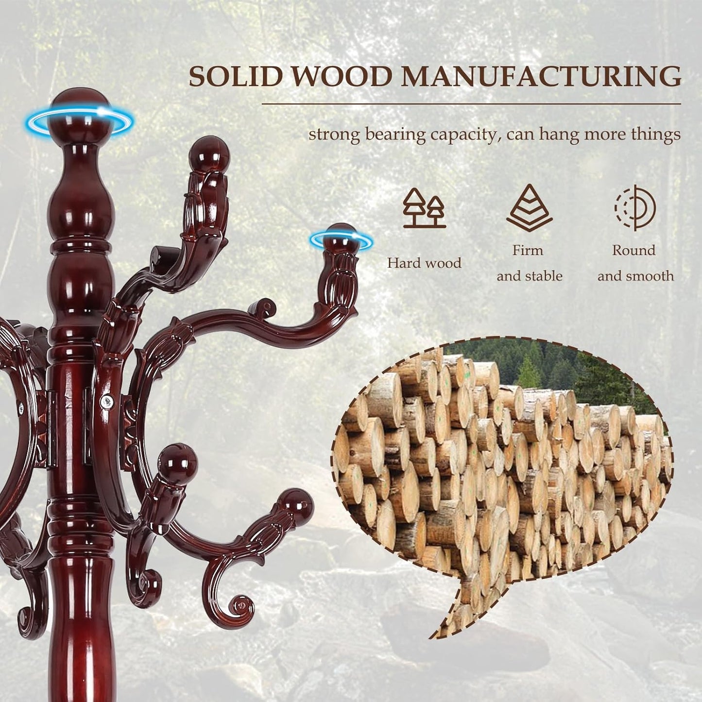 Wood Coat Rack Freestanding, Natural Coats Tree Stand with 14 Hooks, 73" Sturdy and Easy Assembly Coat Rack Stand for Entryway, Hallway, Bedroom, Bags, Hats (Heavy-duty Disc Base, Rosewood)