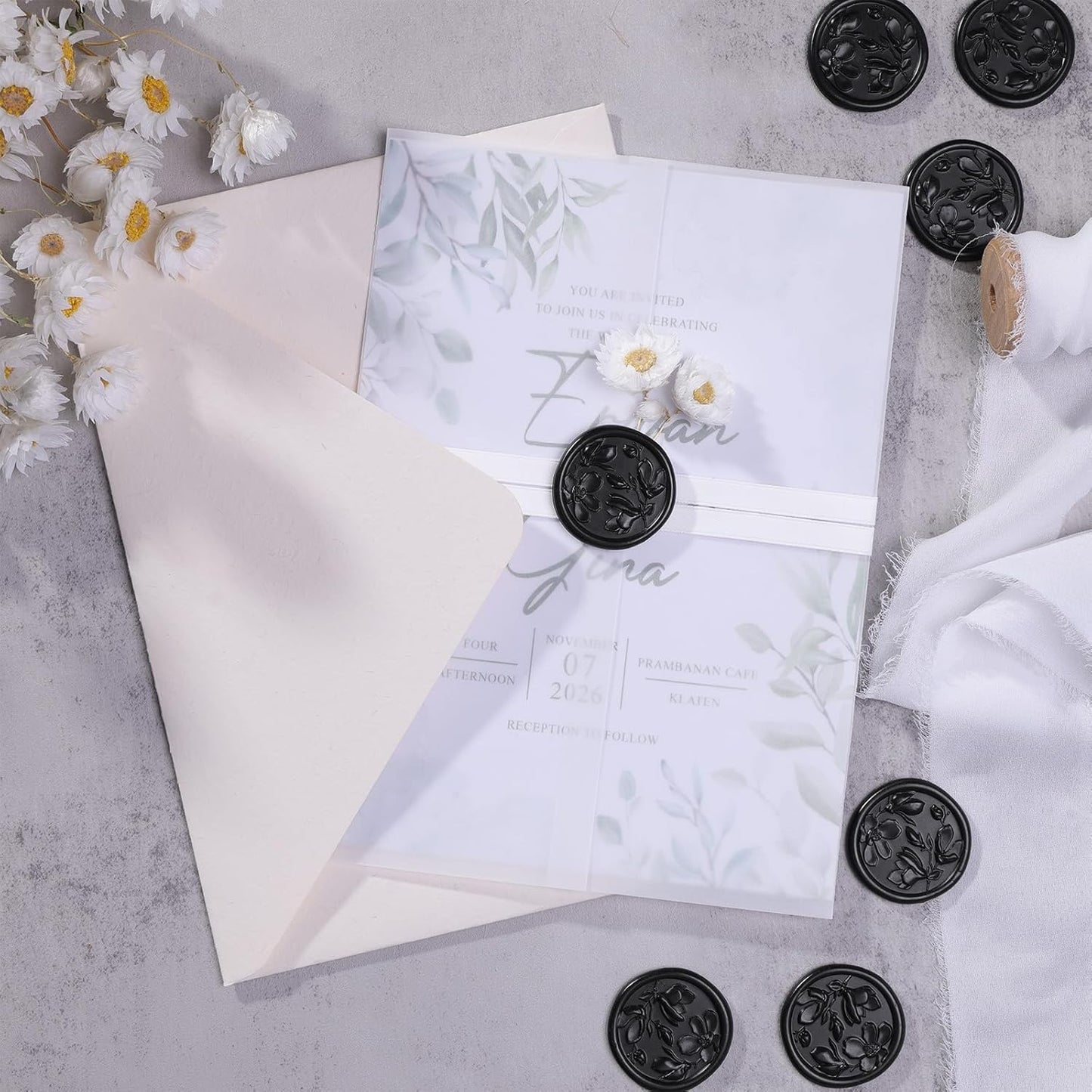 UNIQOOO Wax Seal Stickers - 3D Magnolia Wedding Invitation Envelope Botanical Seal Sticker, 50 Pcs Self- Adhesive Black Stickers, Perfect for Invitation, Christmas, Gift Wrapping, Party
