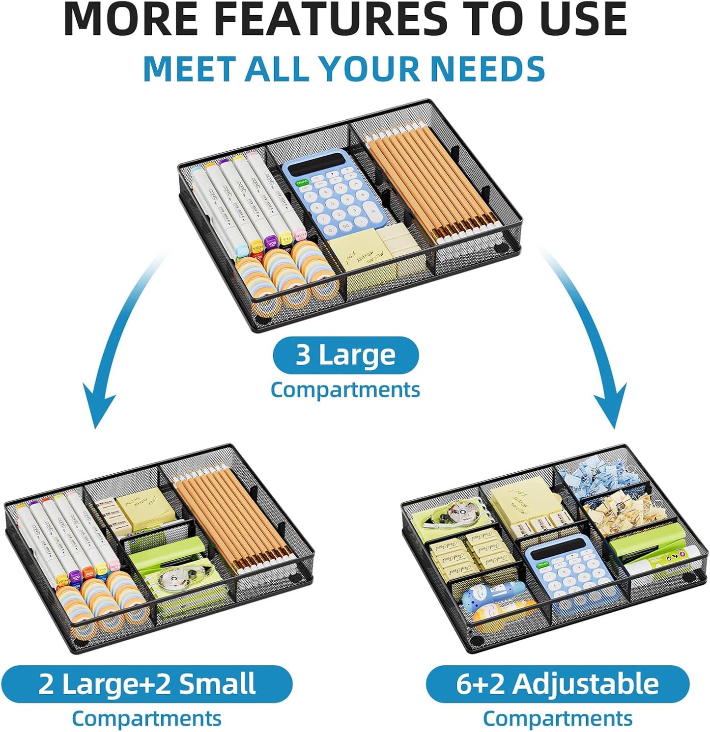 Marbrasse Desk Drawer Organizer, Metal Mesh Drawer Organizer Tray with 5 Adjustable Compartments,Desk Organizers and Accessories for Home,Office,Kitchen,Makeup,Vanity (Black)