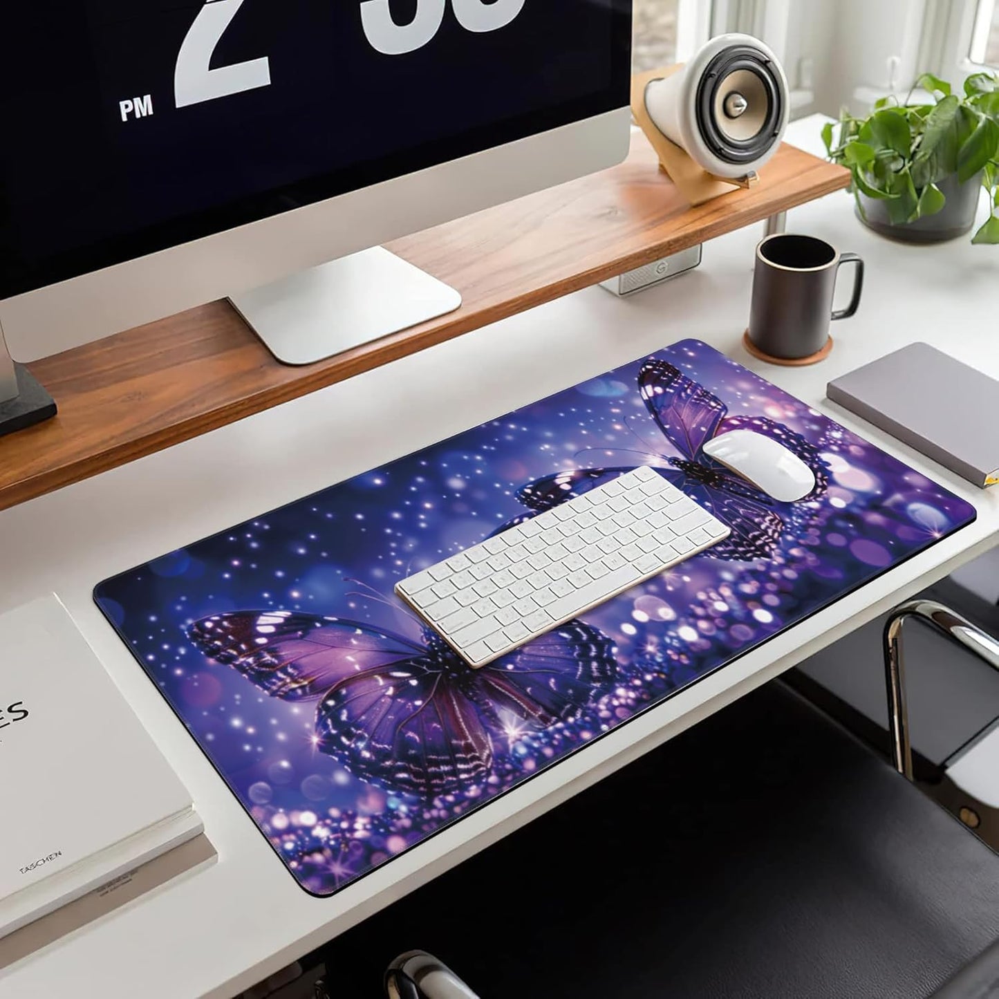 Extended Large Gaming Mouse Pad, Sparkling Purple Butterflies Large Desk Mat for Desktop, Non-Slip Rubber Base Stitched Edges Long Computer Keyboard Desk Pad Mouse Mat for Home Office 35.4"X15.7"