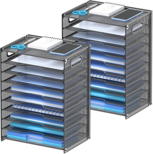 OUTWOLF 10 Tier Paper Organizer - Letter Tray Mesh Desk File Organizer with Handles for Office School Desktop, Black 2 Pack