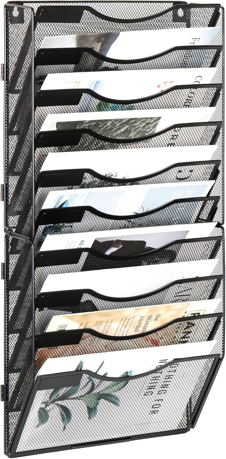 EasyPAG Wall File Holder Organizer 10 Pocket Mesh Hanging Wall Mounted Document Paper Folder Filing Magazine Rack with Nametag Label for Office Home School, Black