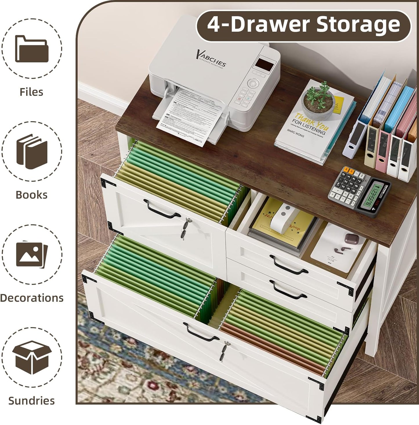 Wood Lateral File Cabinet with 4-Drawer for Hanging Files Letter/A4/Legal Size, Large Farmhouse Filing Cabinets with Lock for Home Office, Printer Stand with Office Cabinet, Office Furniture