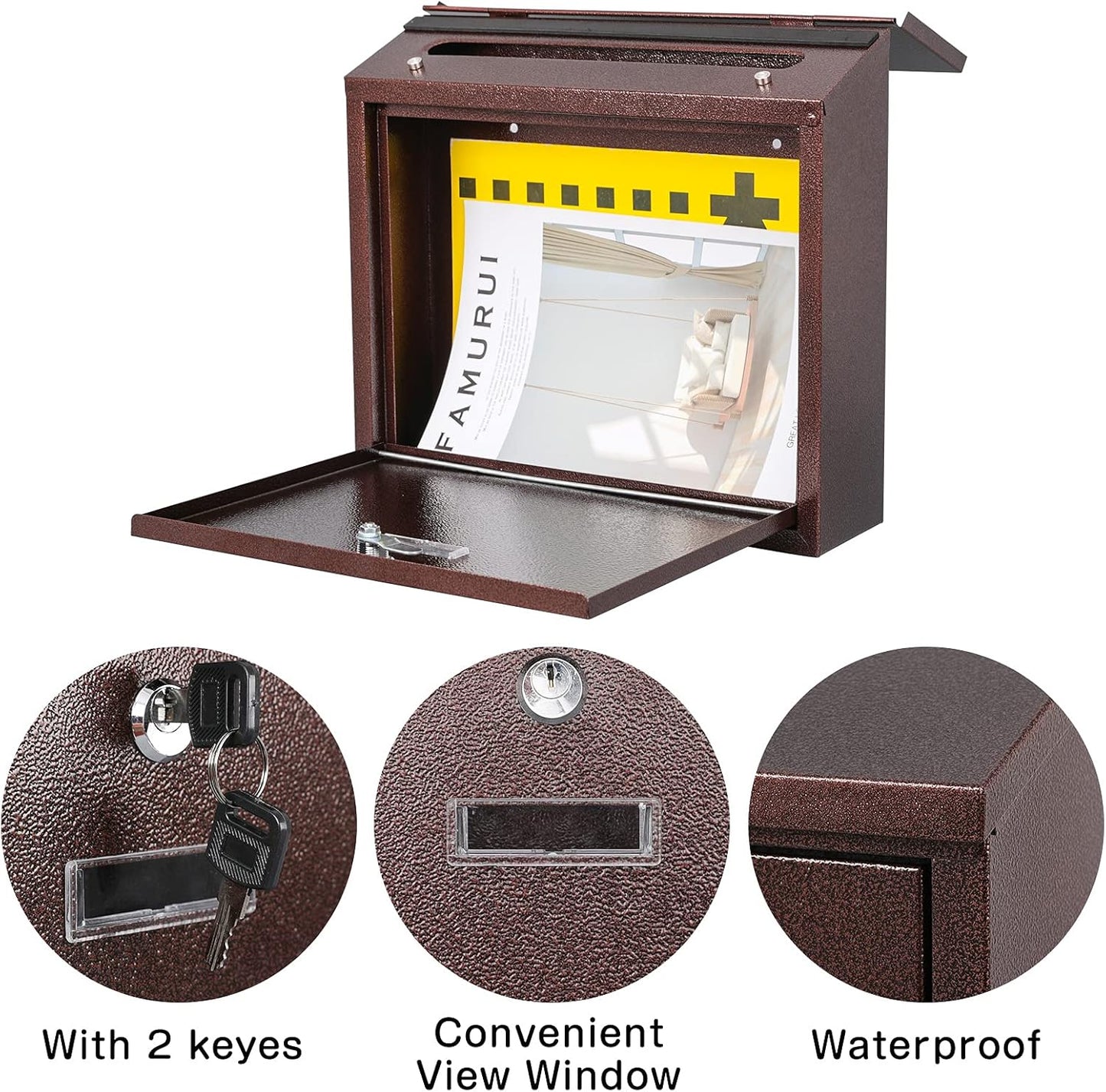xydled Mail Boxes with Key Lock,Locking Mailbox Wall Mounted, Large Capacity, Galvanized Steel Cover Metal Postbox for House, 14 X 12.5 X 4.25 Inch,Bronze