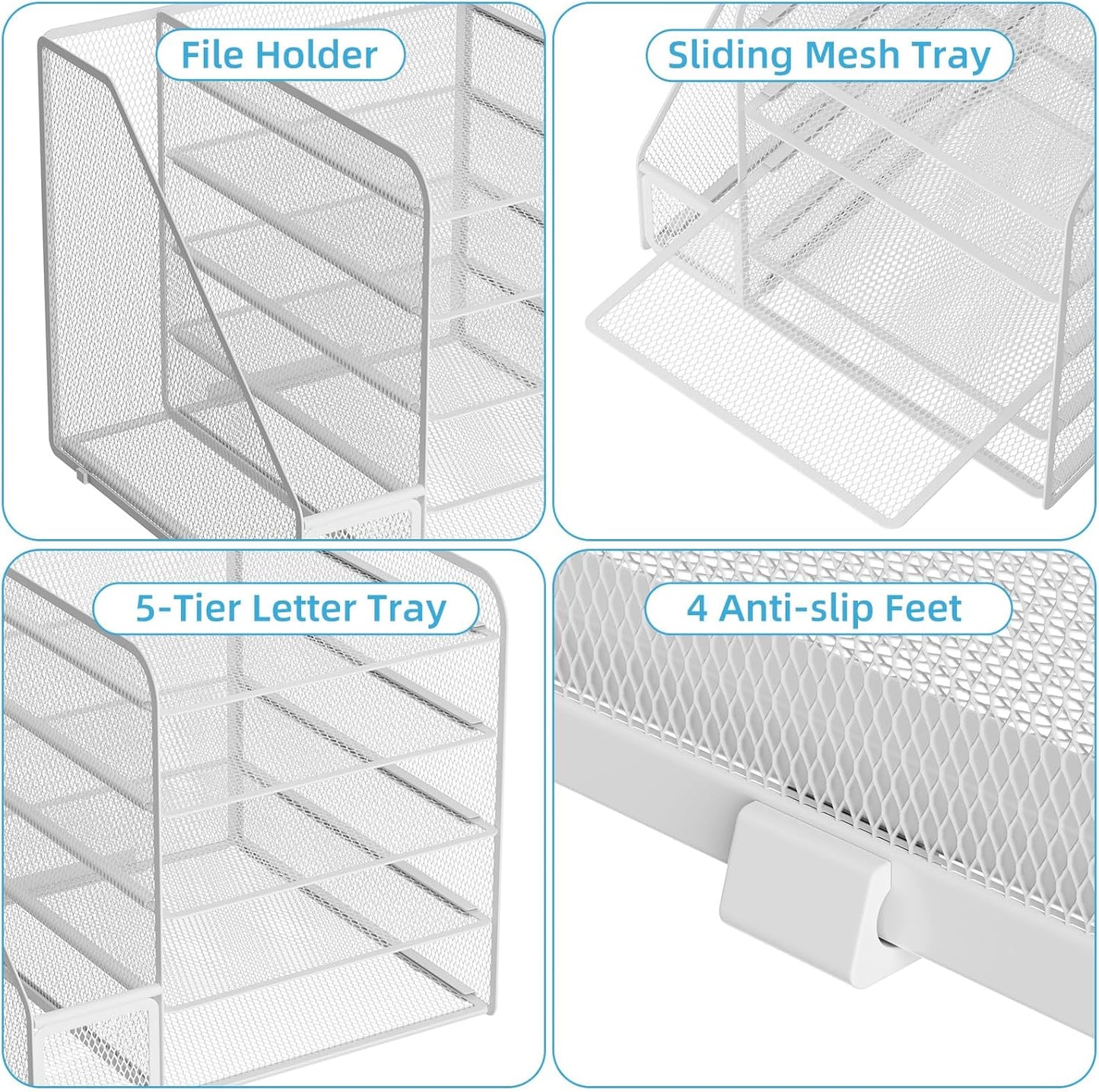 Marbrasse Desk Organizers and Accessories, 5-Tier Paper Letter Tray Organizer with File Holder, Mesh File Organizer, Office Desk Accessories & Organization for Supplies (White)