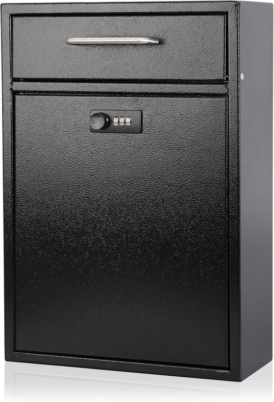 KYODOLED Steel Combination Lock Mail Boxes Outdoor,Locking Wall Mount Mailbox,Security Lock Drop Box,Collection Boxes,16.2H x 11.22L x 4.72W Inches,Black X Large