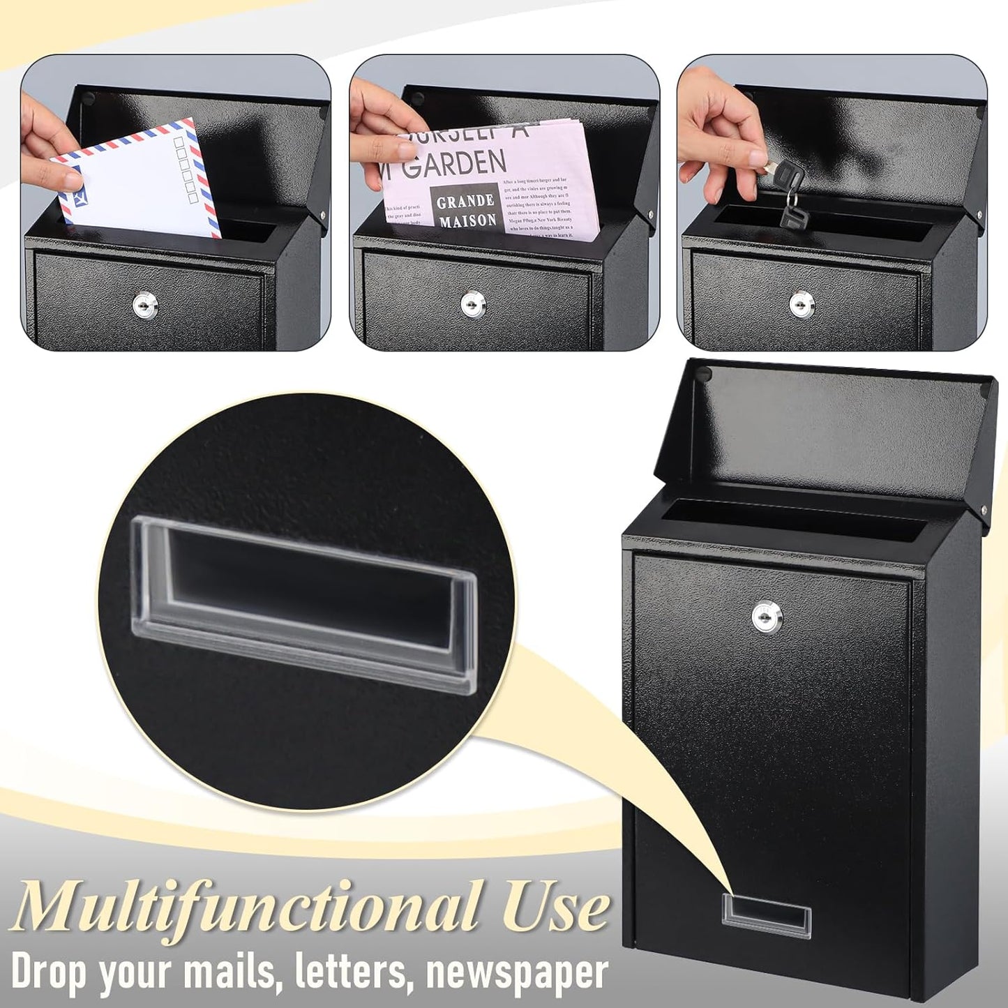 xydled Mail Boxes with Key Lock,Locking Mailbox Wall Mounted,Large Capacity,Steel Cover Metal Postbox for House, Black, 12.34''x8.5''x3''