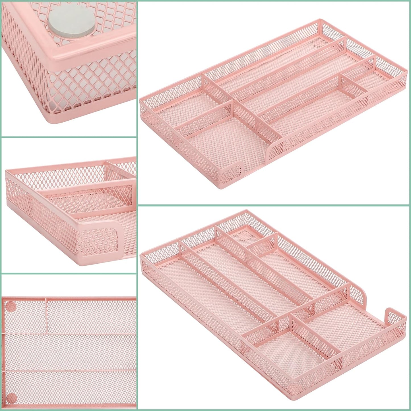 Annova Desk Drawer Organizer Tray for Office Organization - Metal Mesh - Storage Tray with Dividers for Pens, Desktop Accessories, Bathroom, Kitchen, Makeup and Office Supplies (Small, Light Pink)