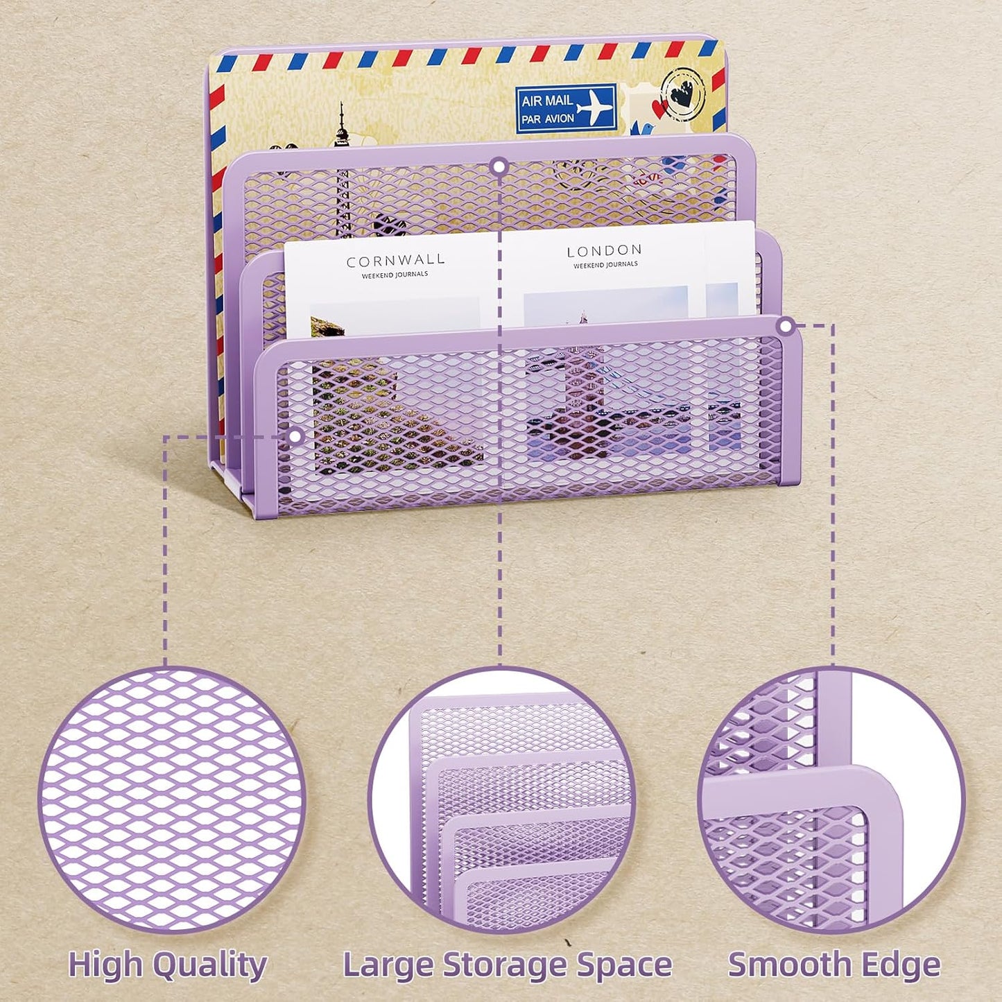 Marbrasse Mail Organizer for Desk, 3-Slot Mesh Metal Mail Holder countertop, Letter Holder, Office Desktop Envelope and Document Storage Rack (Purple)