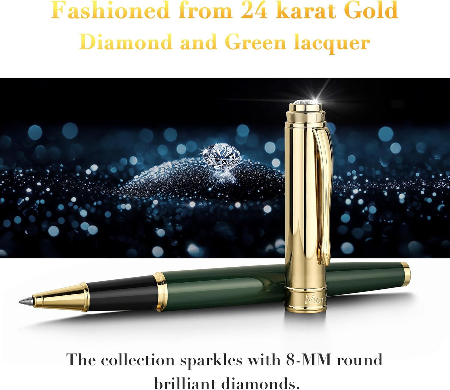 Luxury Rollerball, With 8mm Brilliant diamond,Green Lacquer Pen, Attractive 24K Gold Finish, Schmidt Ink Refill,Glitter Fancy Pens Gifts for Men & Women, Office, Executive, Nice Designer pens