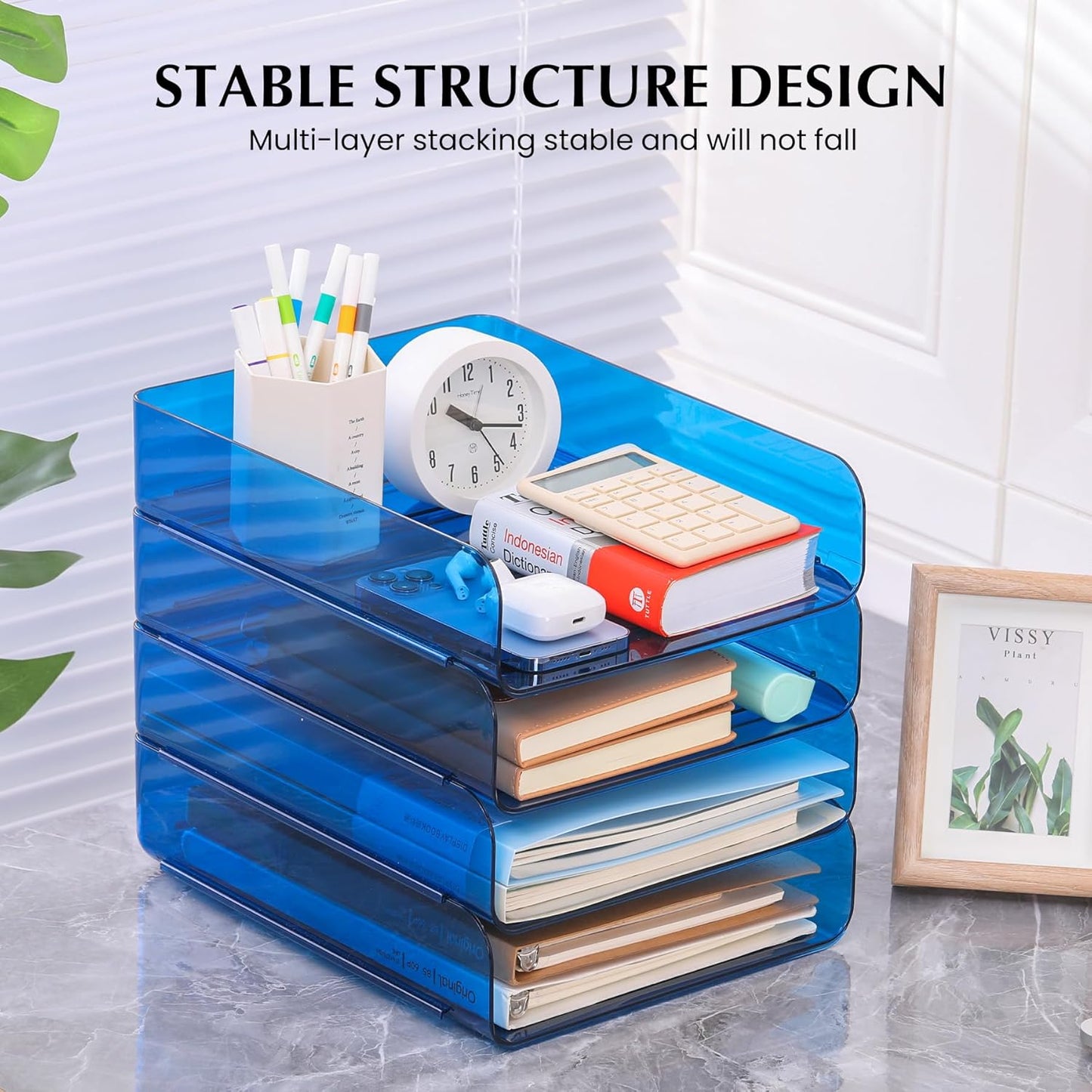 2 Pack Stackable Paper Tray File Organizer for Desk, Office Organizer and Storage for Desk Accessories, Notes, Books, File Paper, Document, Blue