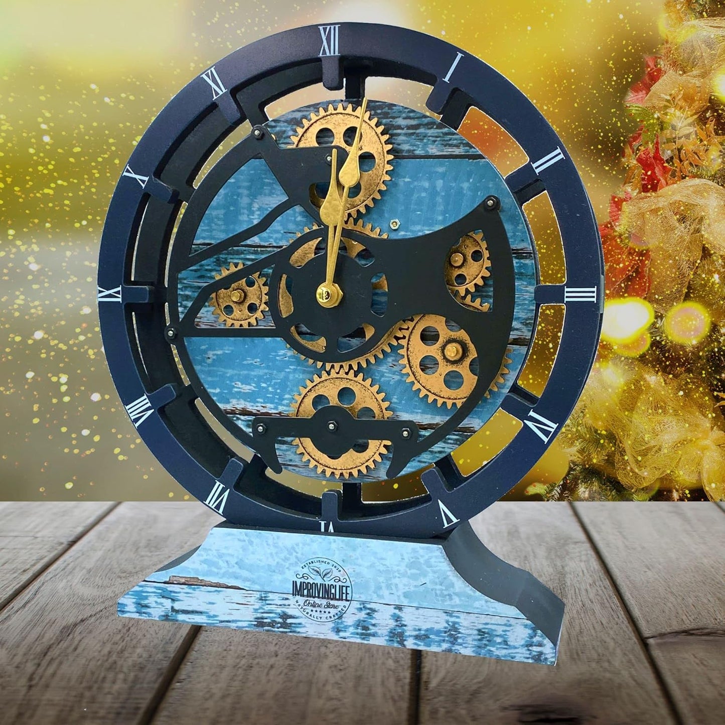 The Gears Clock Desk Clock 10 inches with Real Moving Gears Convertible into Wall Clock (Ocean Blue)